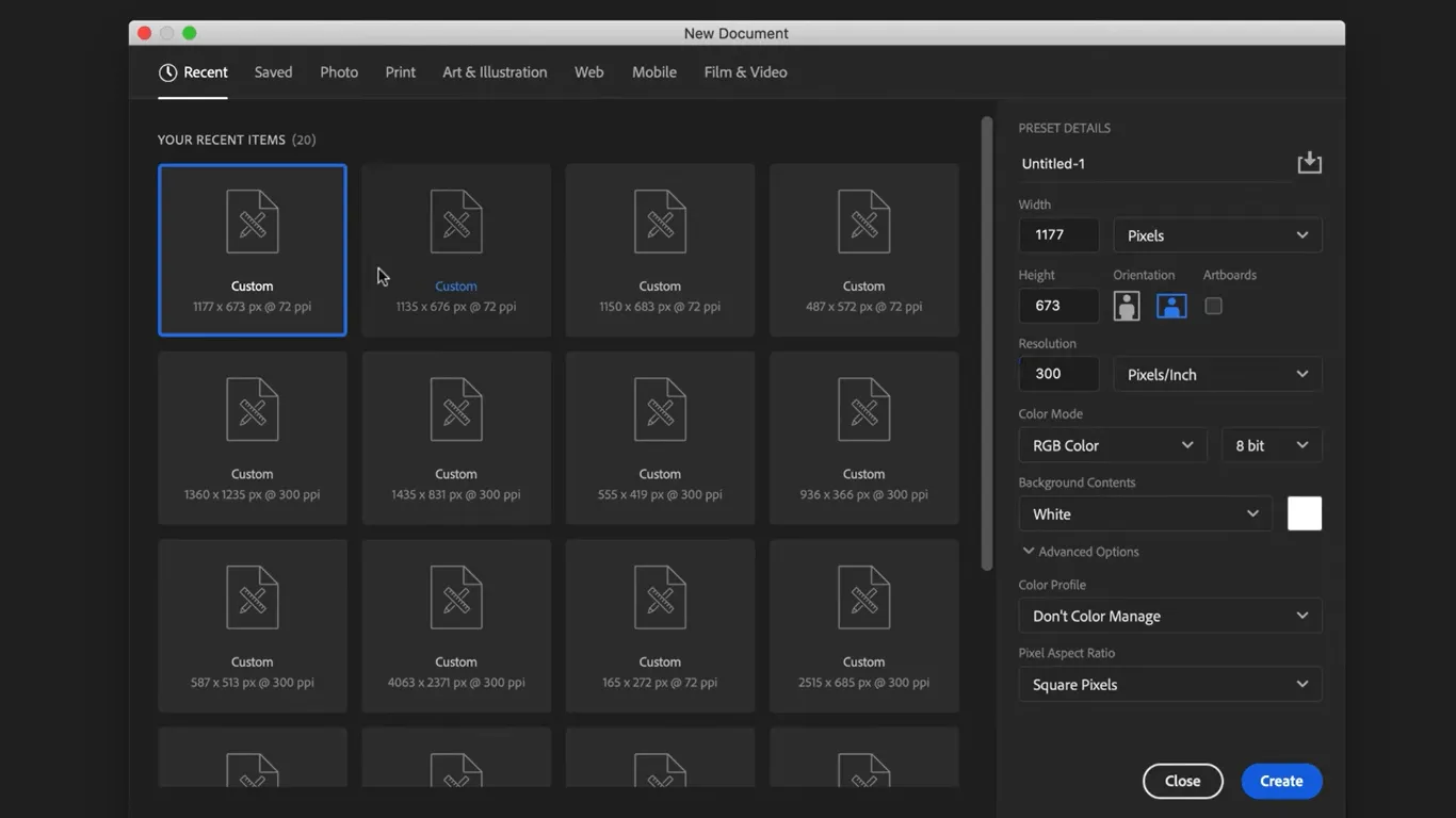 Lista de telas predefinidas no Adobe Photoshop: Como desenhar no Photoshop