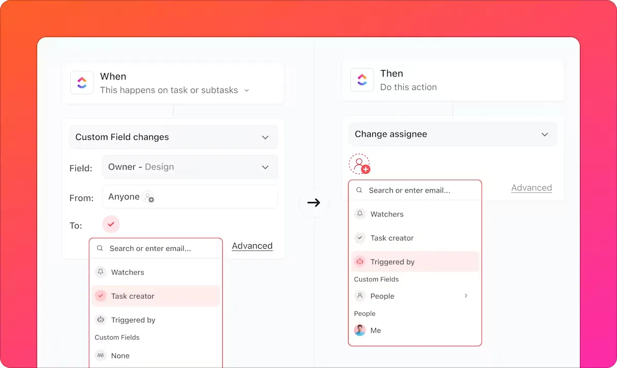 ClickUp Otomasyonları: Görevlerin ve ş akışlarının sorunsuz ilerlemesini sağlamak için tetikleyiciler ve kurallar kullanarak rutin eylemleri otomatikleştirin