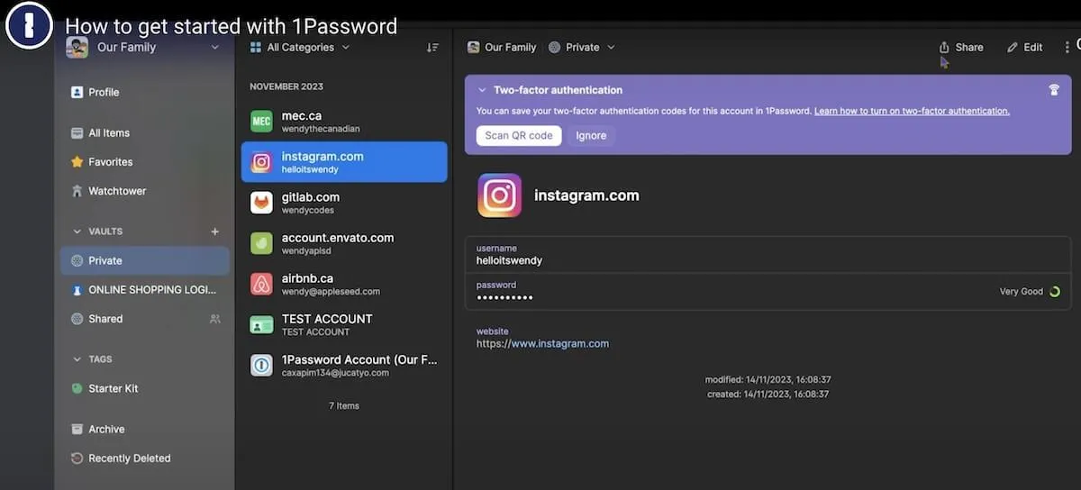 Vea cómo realizar el uso compartido del enlace de seguridad de Instagram utilizando 1password.