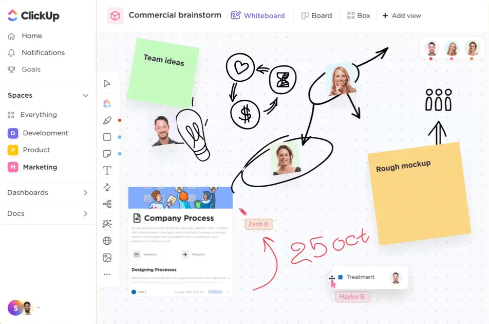 Обсъдете идеи с помощта на ClickUp Whiteboards, за да създадете диаграма на процеса на продажбите.