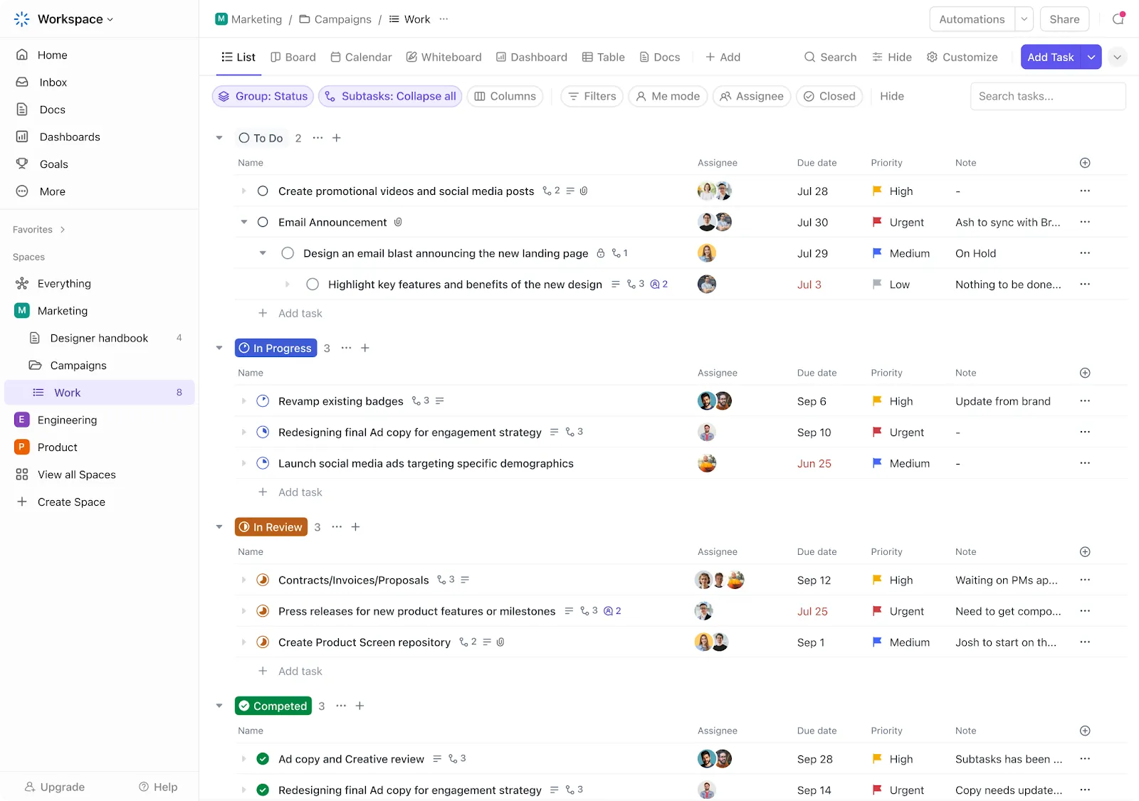 Jaga agar tugas kepatuhan tetap berjalan lancar menggunakan ClickUp Tasks