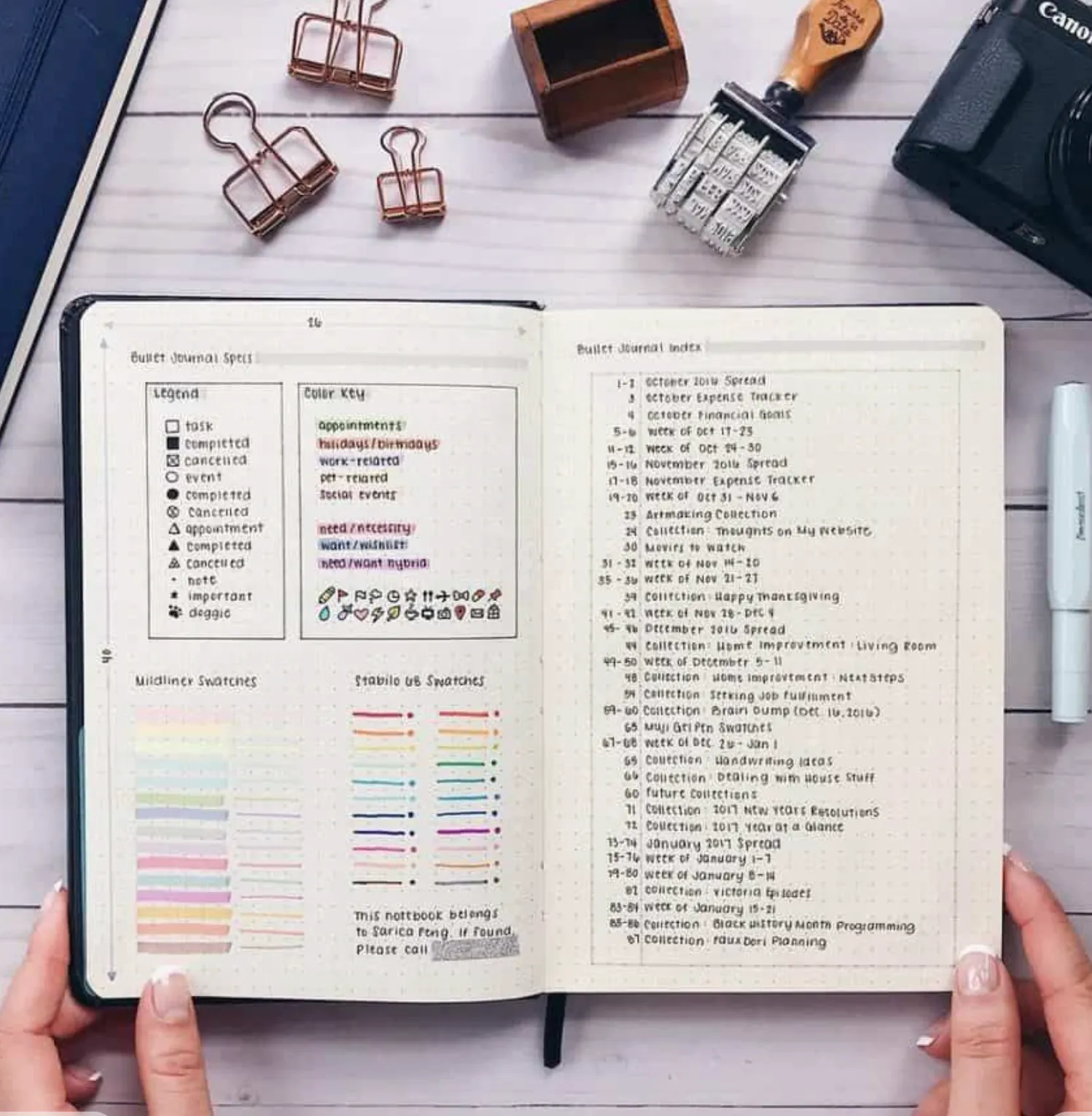 Un bullet journal ouvert illustre ces idées de listes à faire esthétiques avec une légende manuscrite de symboles et de couleurs ainsi que des échantillons de marqueurs sur la page de gauche, accompagnés d’un index numéroté sur la page de droite. Des articles de papeterie encadrent le carnet.