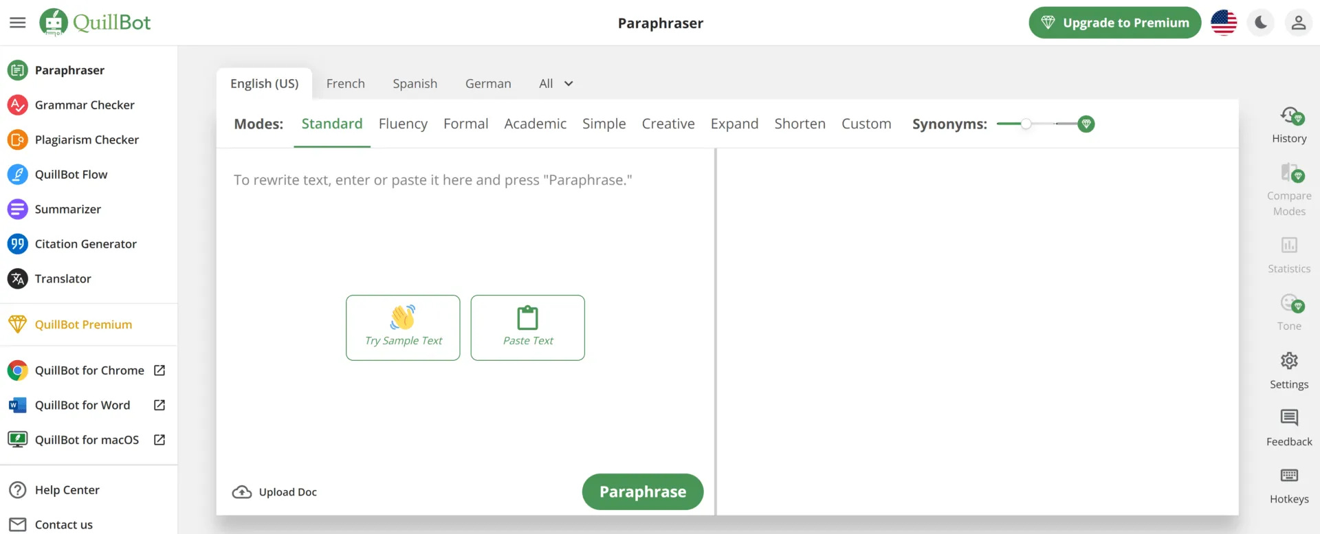 Painel do verificador gramatical Quillbot