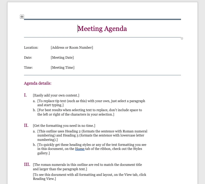 Microsoft Word találkozó napirend sablon