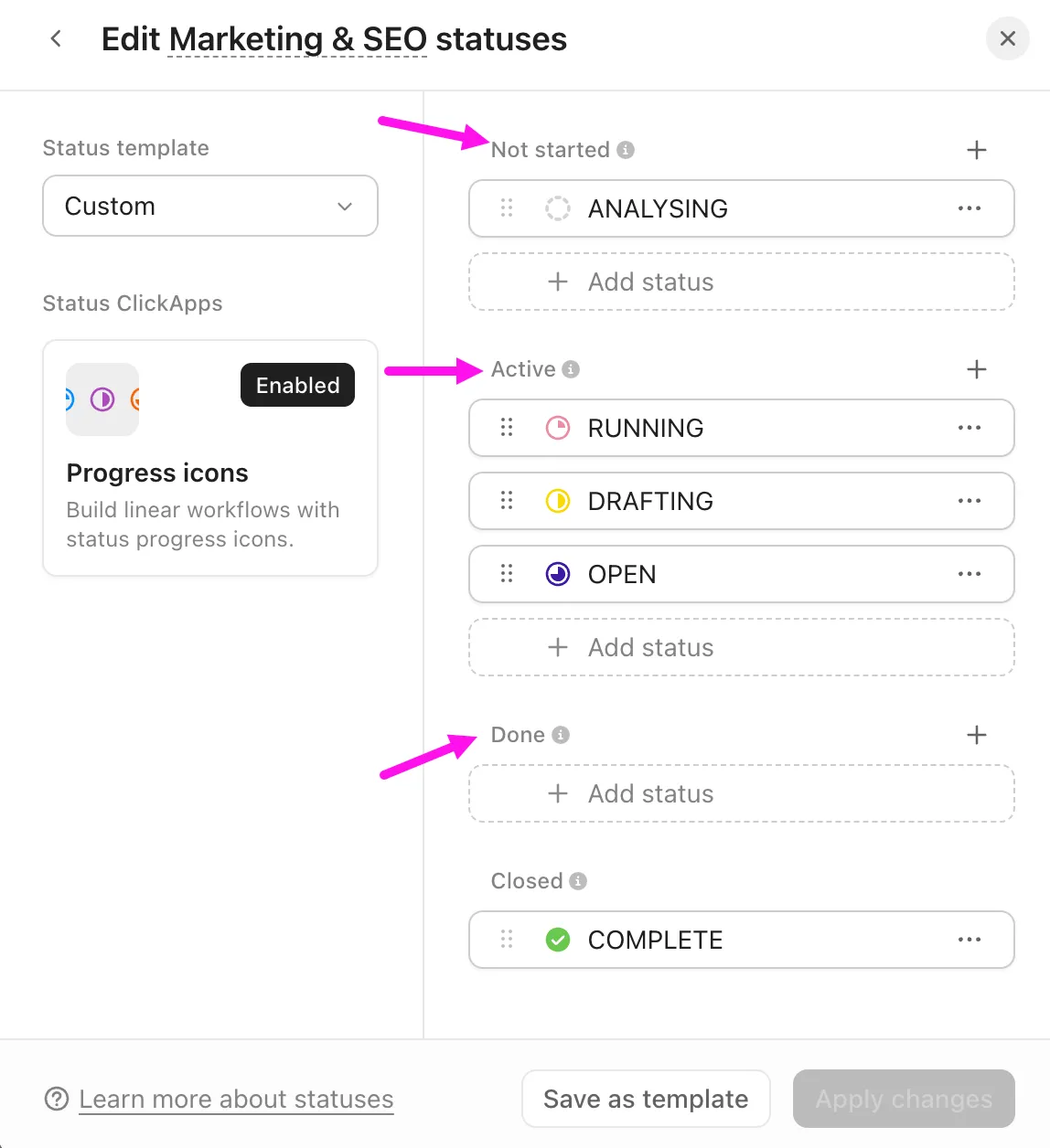 Stati personalizzati di ClickUp: sposta le attività attraverso diverse fasi