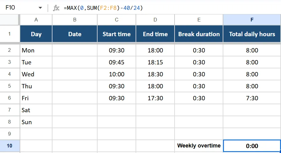 Công thức Excel để theo dõi thời gian - Làm thêm giờ hàng tuần