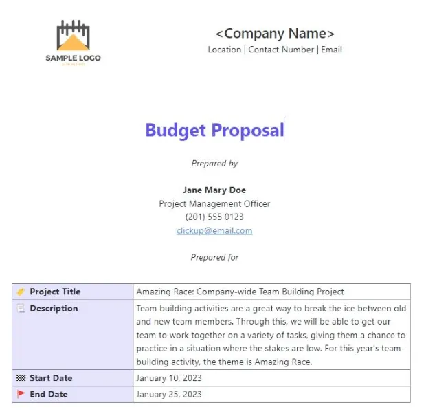 ClickUp-Vorlage für Budgetvorschläge