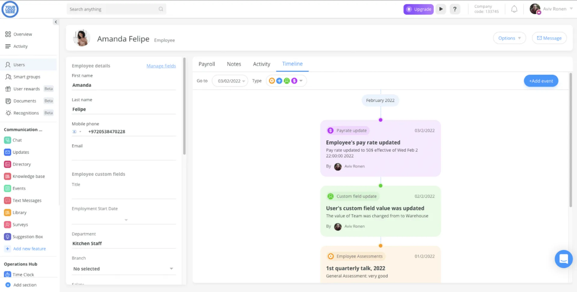 Captura de tela do recurso Connecteam Timeline