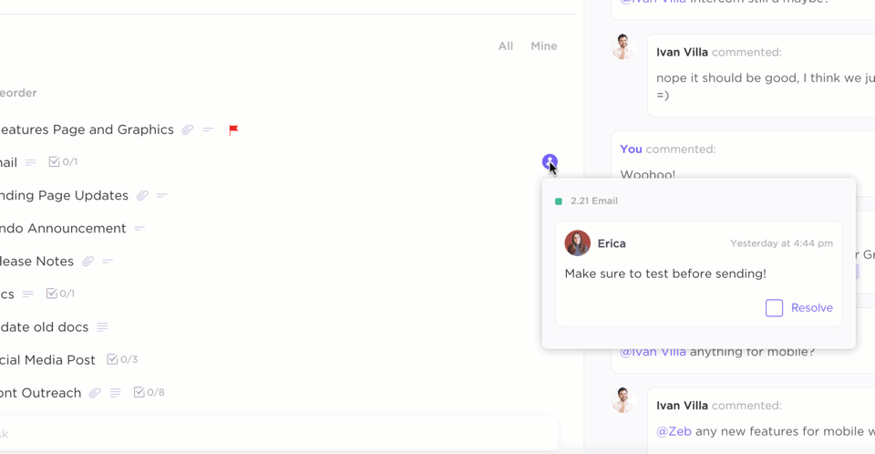 comentarios asignados subtareas en ClickUp