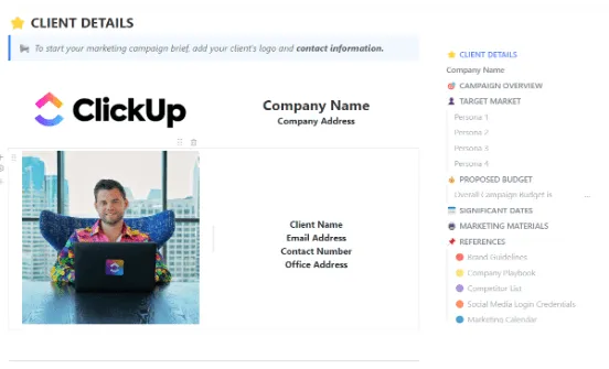 ClickUp Pazarlama Kampanyası Özet Şablonu; pazarlama özeti şablonu