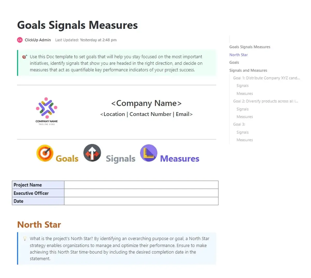 Estabeleça objetivos, defina sinais para mantê-lo no caminho certo e acompanhe os KPIs com o modelo de medidas de sinais de metas do ClickUp.