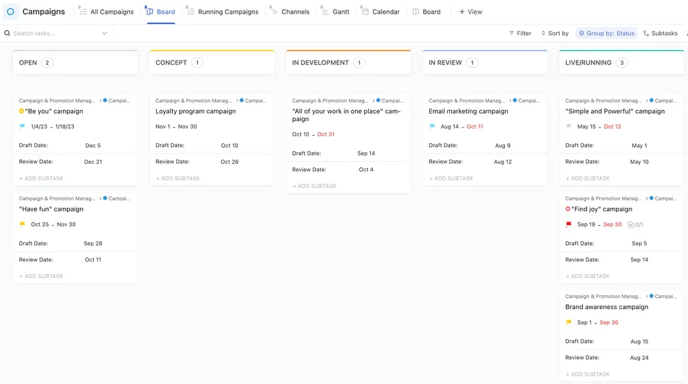 Modelo de gerenciamento de campanhas e promoções do ClickUp Visualização Kanban