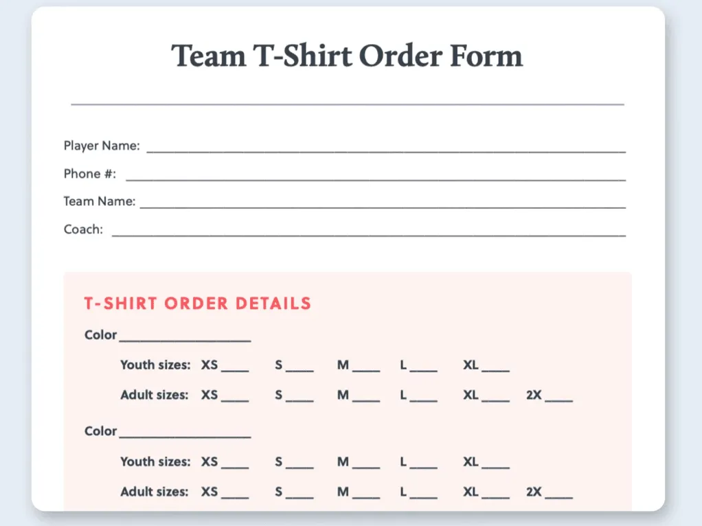 แบบฟอร์มสั่งซื้อเสื้อยืดทีมกีฬา Excel/Google Sheets โดย Bonfire
