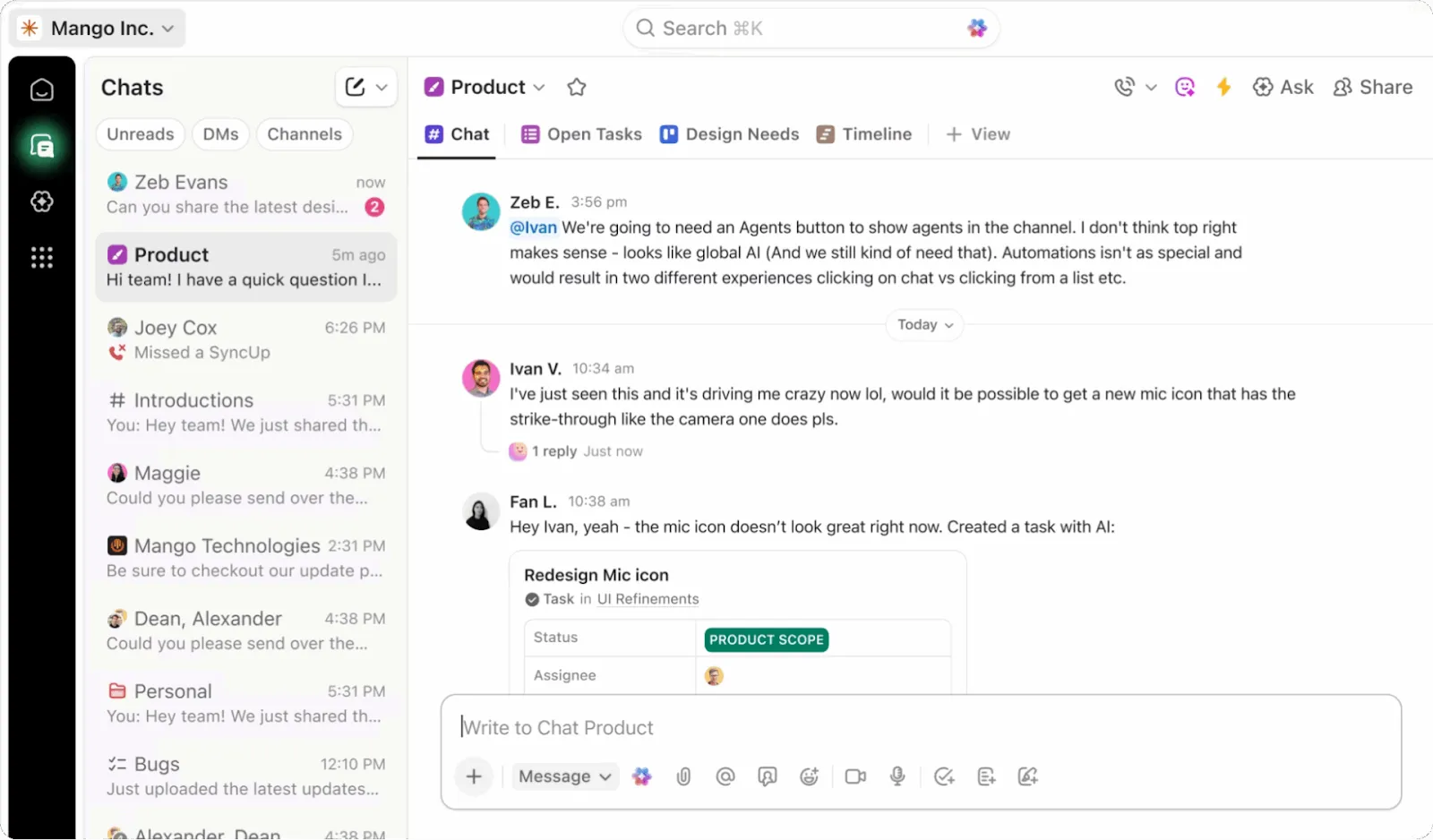 Lépjen közvetlenül kapcsolatba csapatával a ClickUp Chat segítségével: AI munkafolyamat-automatizálás