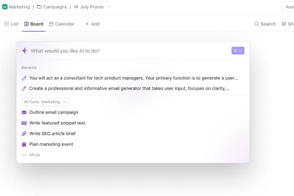 Aufgaben generieren ClickUp Brain_ai-Kurse für Marketing