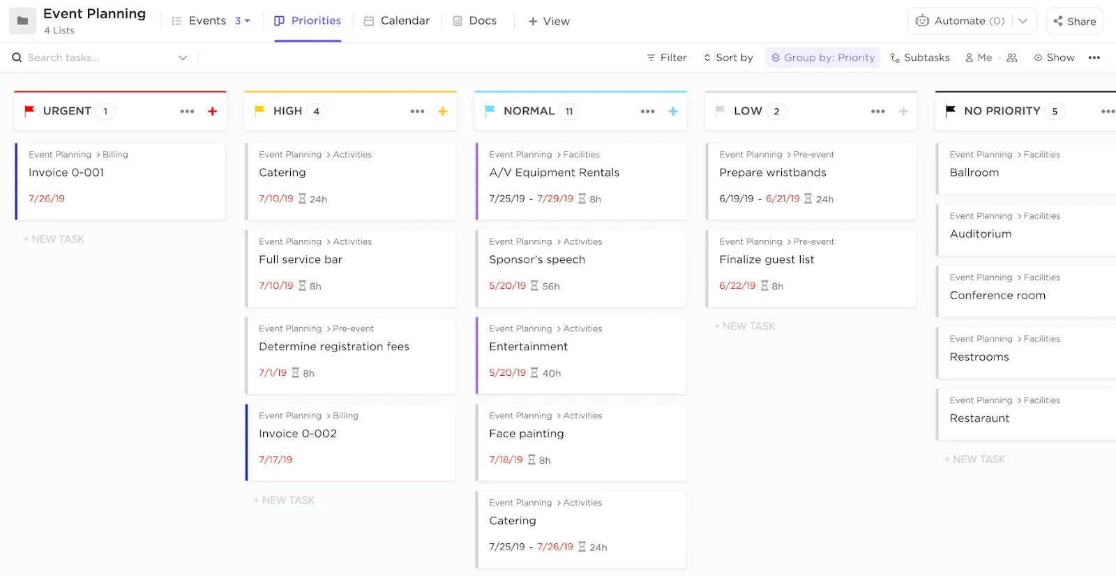 Il modello di gestione degli eventi di ClickUp ti aiuta a gestire tutte le tue operazioni specifiche in un unico posto con viste predefinite, stati personalizzati, campi personalizzati, documenti e molto altro!