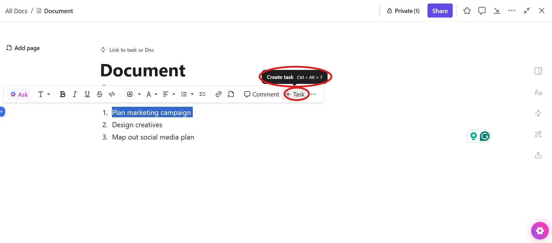 Seleccione el texto y haga clic en + Tarea en ClickUp Docs: cómo insertar Excel en Word.