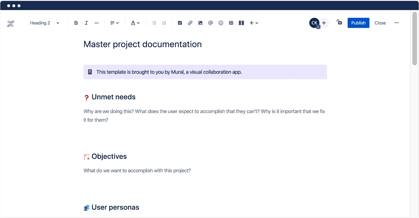Plantilla maestra de documentación de proyectos de Confluence