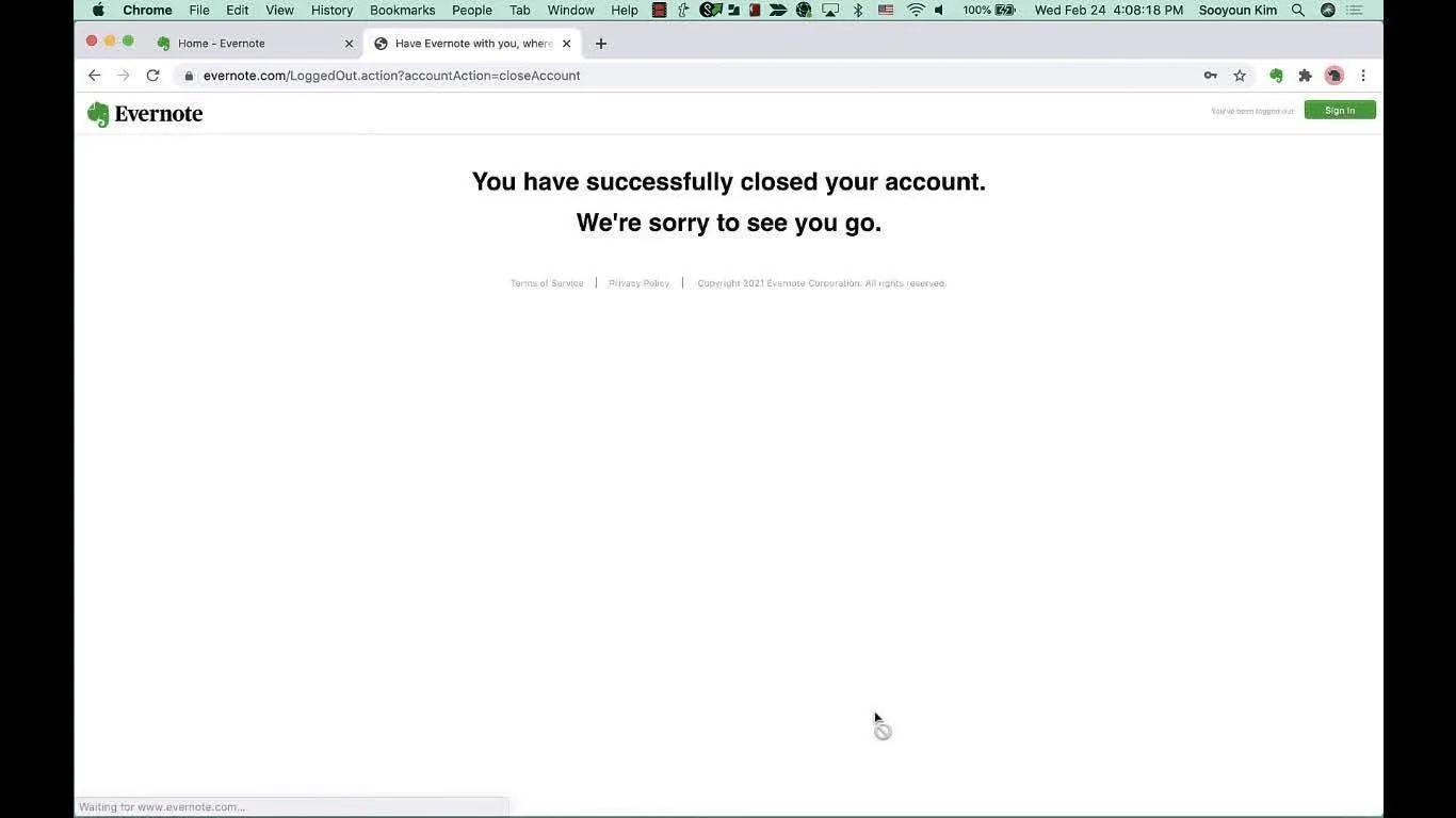 Registerkarte „Evernote-Konto geschlossen“