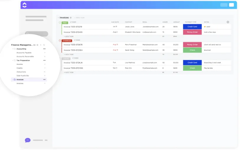 ClickUp-sjabloon voor factuurbijhouden; sjabloon voor freelancefacturen