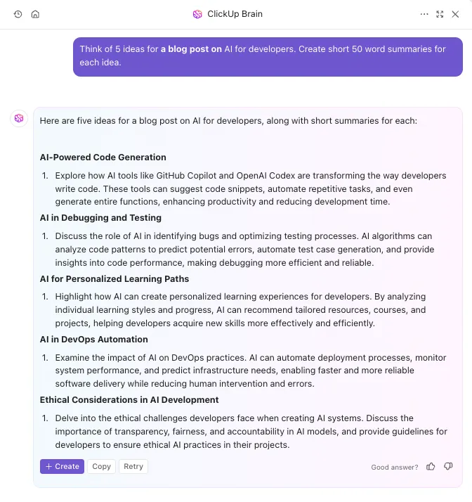 Gunakan ClickUp Brain untuk brainstorming ide artikel blog atau membuat kerangka artikel blog