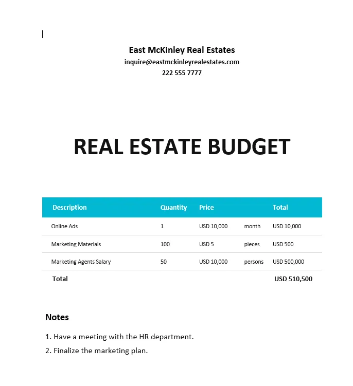 Modello di budget immobiliare di Documenti Google
