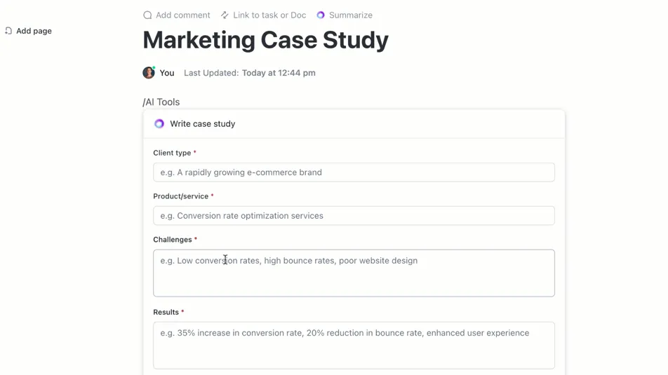 Használja a ClickUp mesterséges intelligenciával működő írási asszisztensét a hatékony marketingtartalmak testreszabásához és létrehozásához