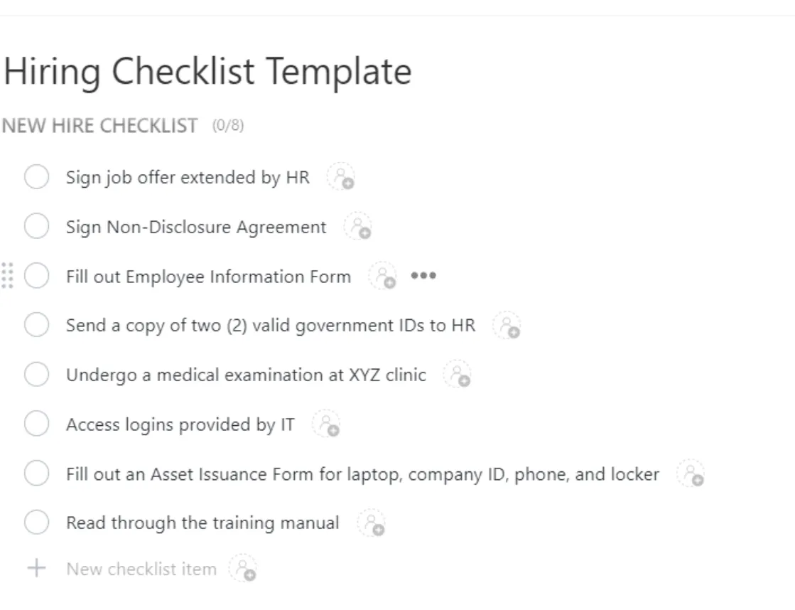 Modèle de checklist pour le recrutement ClickUp