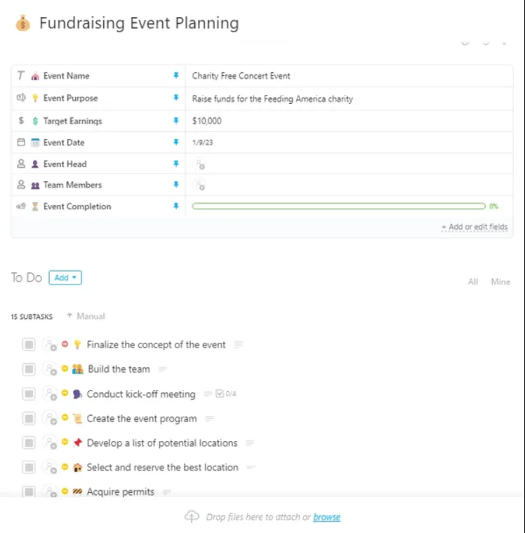 Modello ClickUp per la pianificazione di eventi di raccolta fondi