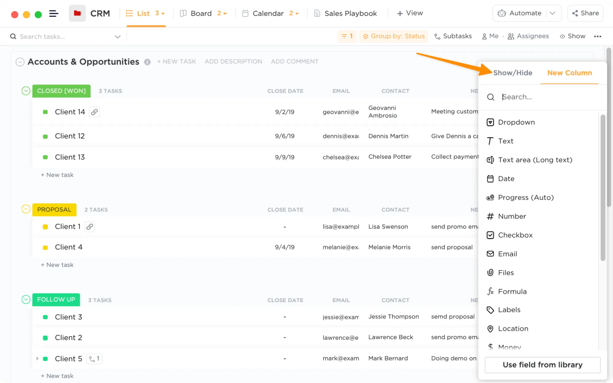 Mit einem benutzerdefinierten CRM in ClickUp können Sie auswählen, welche Informationen Sie über einen Lead, Client oder Konto sehen möchten.