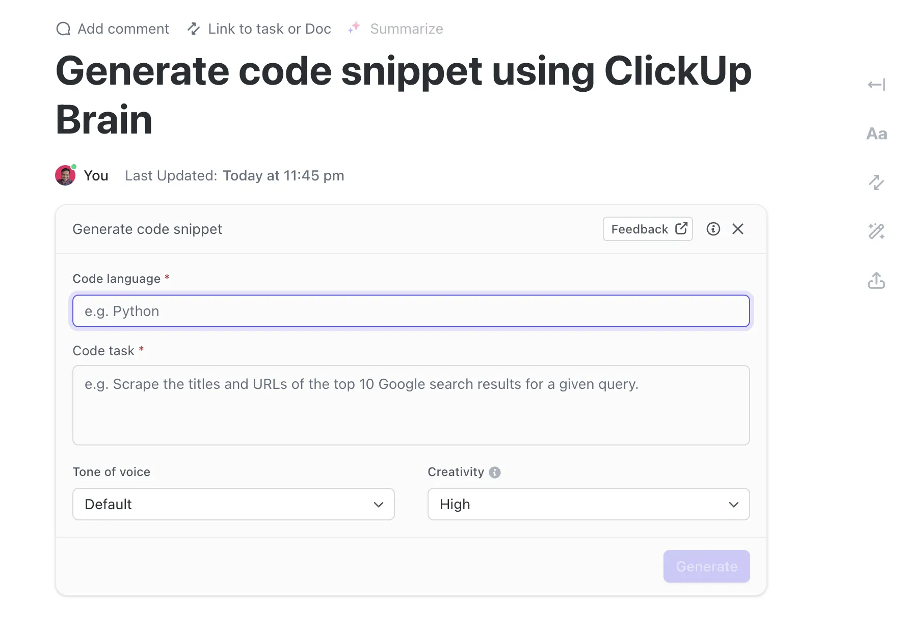 Erstellen Sie Code-Schnipsel mit ClickUp Brain