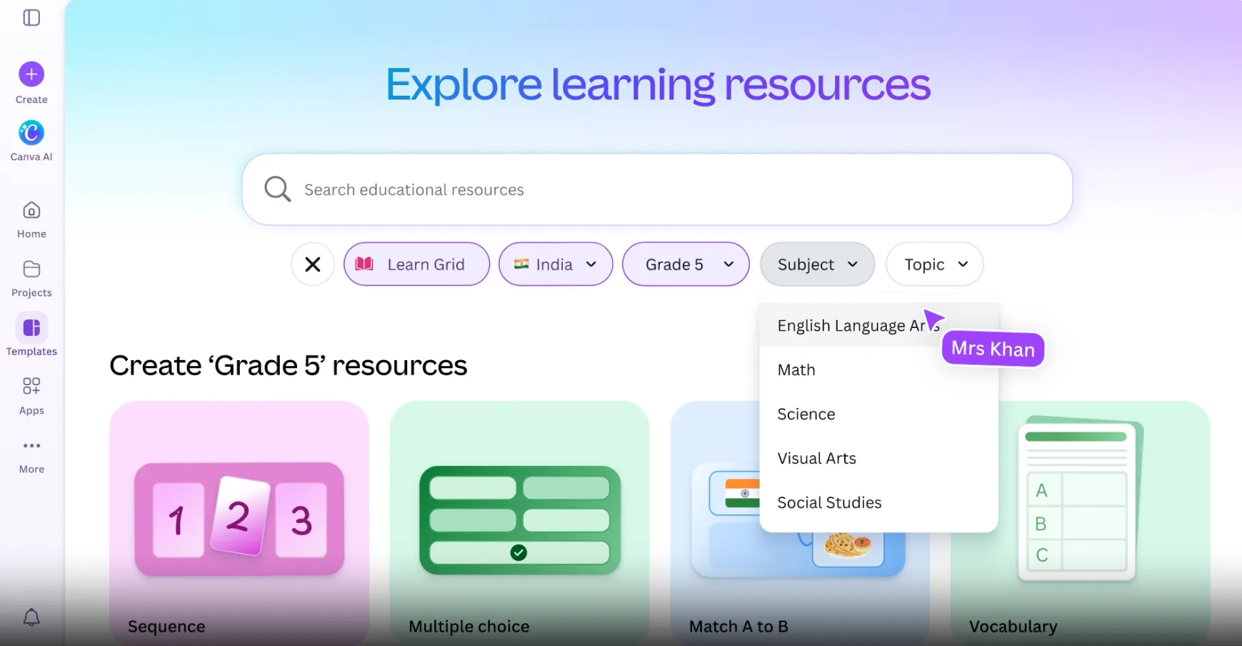 Browser delle risorse didattiche di Canva filtrato per l’India e la quinta elementare, con opzioni per materia e modelli per sequenze didattiche, quiz, esercizi di abbinamento e vocabolario