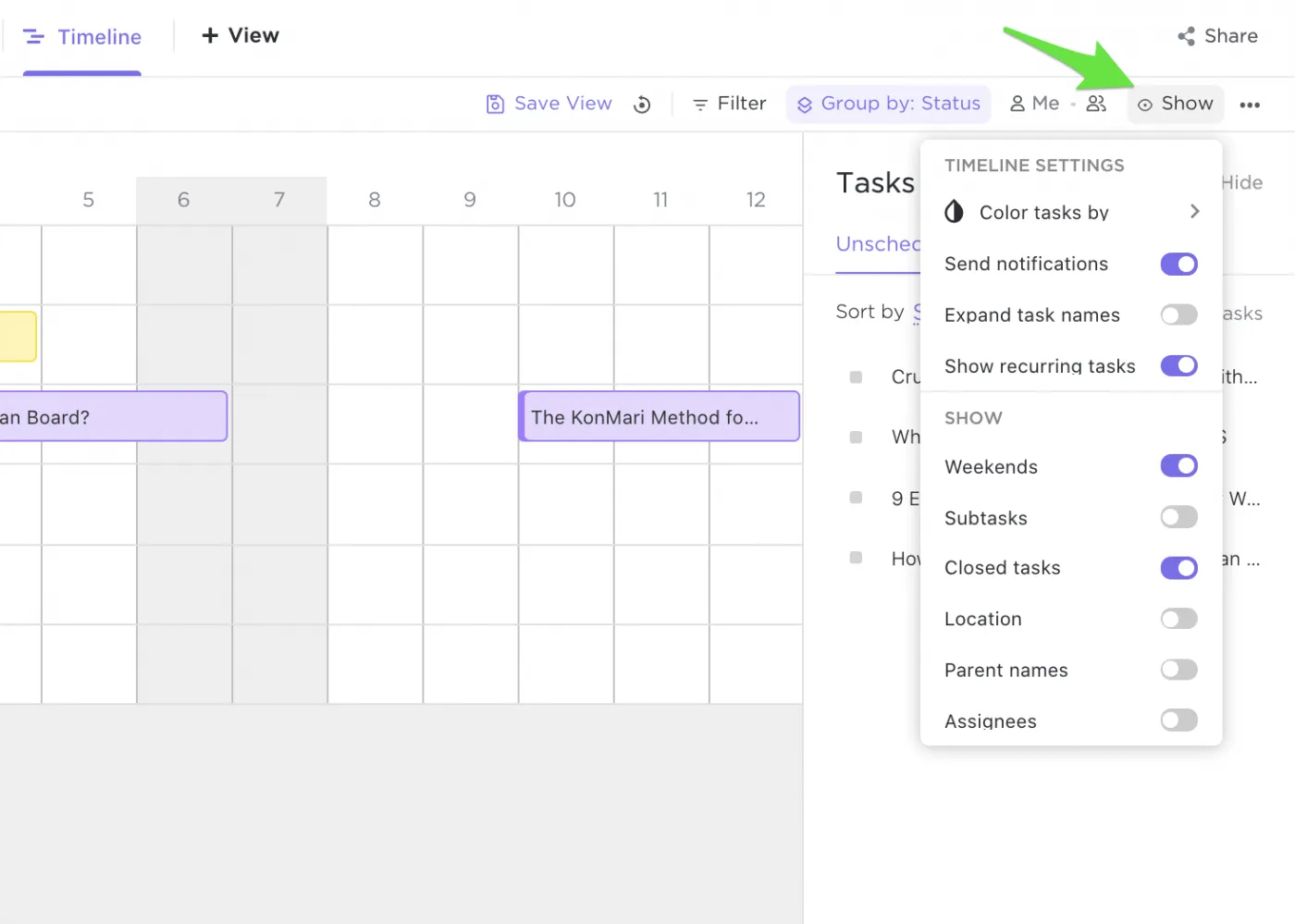 Cara linier untuk memvisualisasikan jadwal setiap proyek dengan tampilan Timeline ClickUp