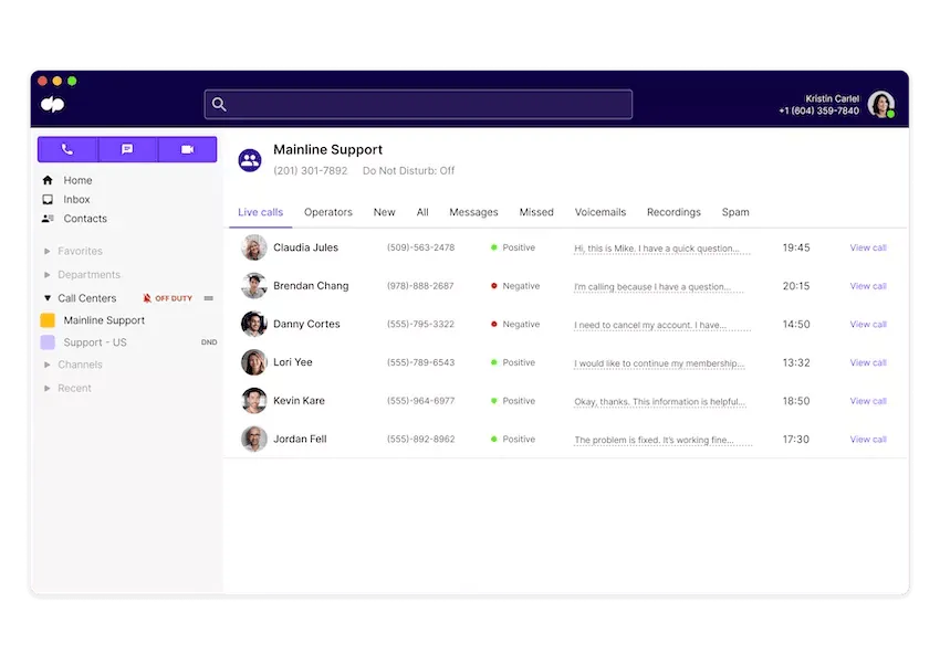 Supportpanel på Dialpad