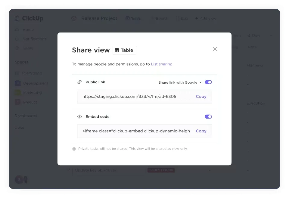 Vue Tableur ClickUp : historique des modifications Google Sheets