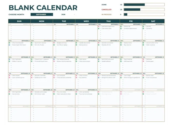 Calendario en blanco editable de gdoc.io