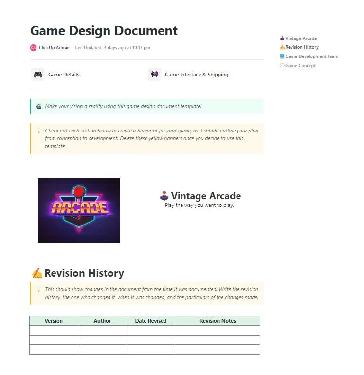 Modèle de document de conception de jeu ClickUp