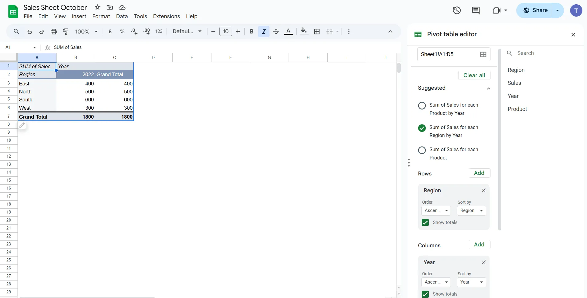 Pivottabelle in Google Tabellen erstellen: Werte in Tabelle hinzufügen