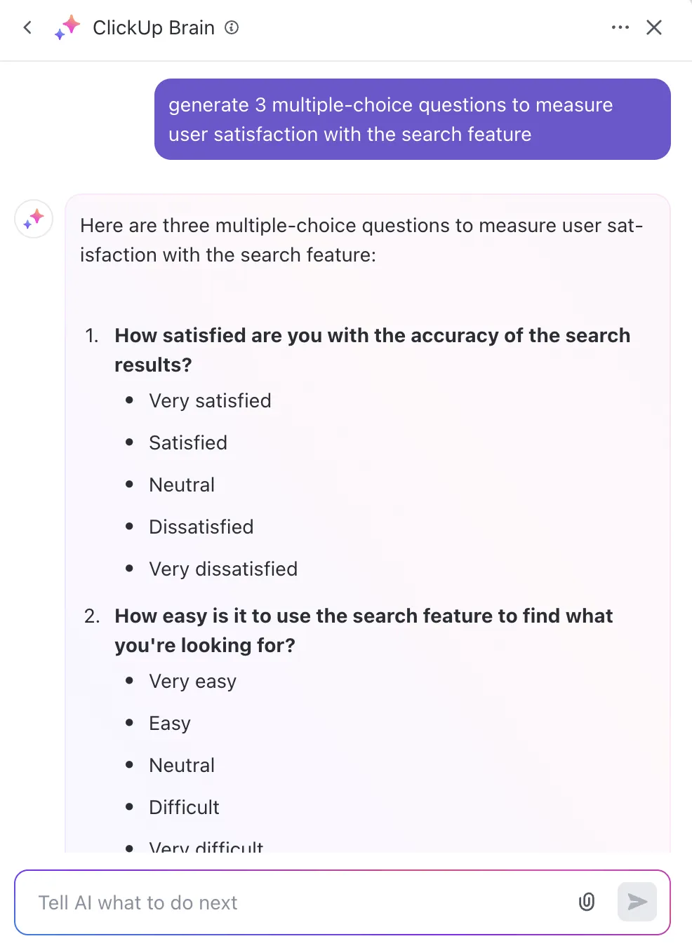 Въпроси за анкета, генерирани от ClickUp Brain