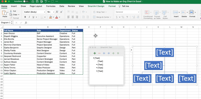 Sử dụng khung văn bản trong Excel để bắt đầu xây dựng bố cục biểu đồ tổ chức