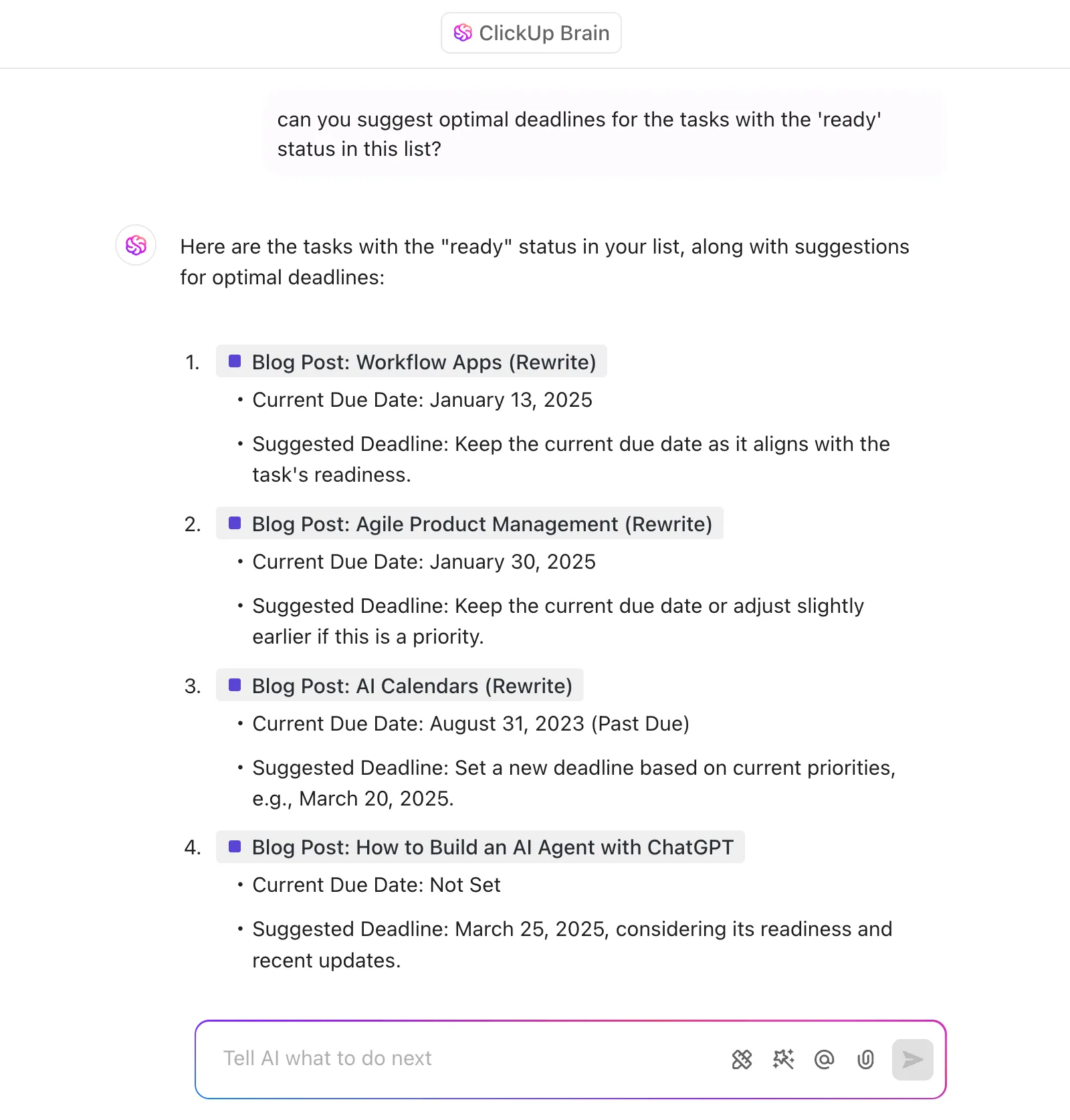 ClickUp Brain で AI によるスケジュール設定の推奨事項を取得
