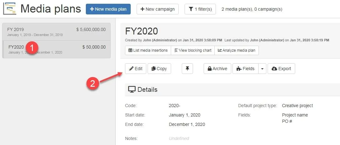 Strumenti di pianificazione media: pagina Media Plans di MediaPlanHQ