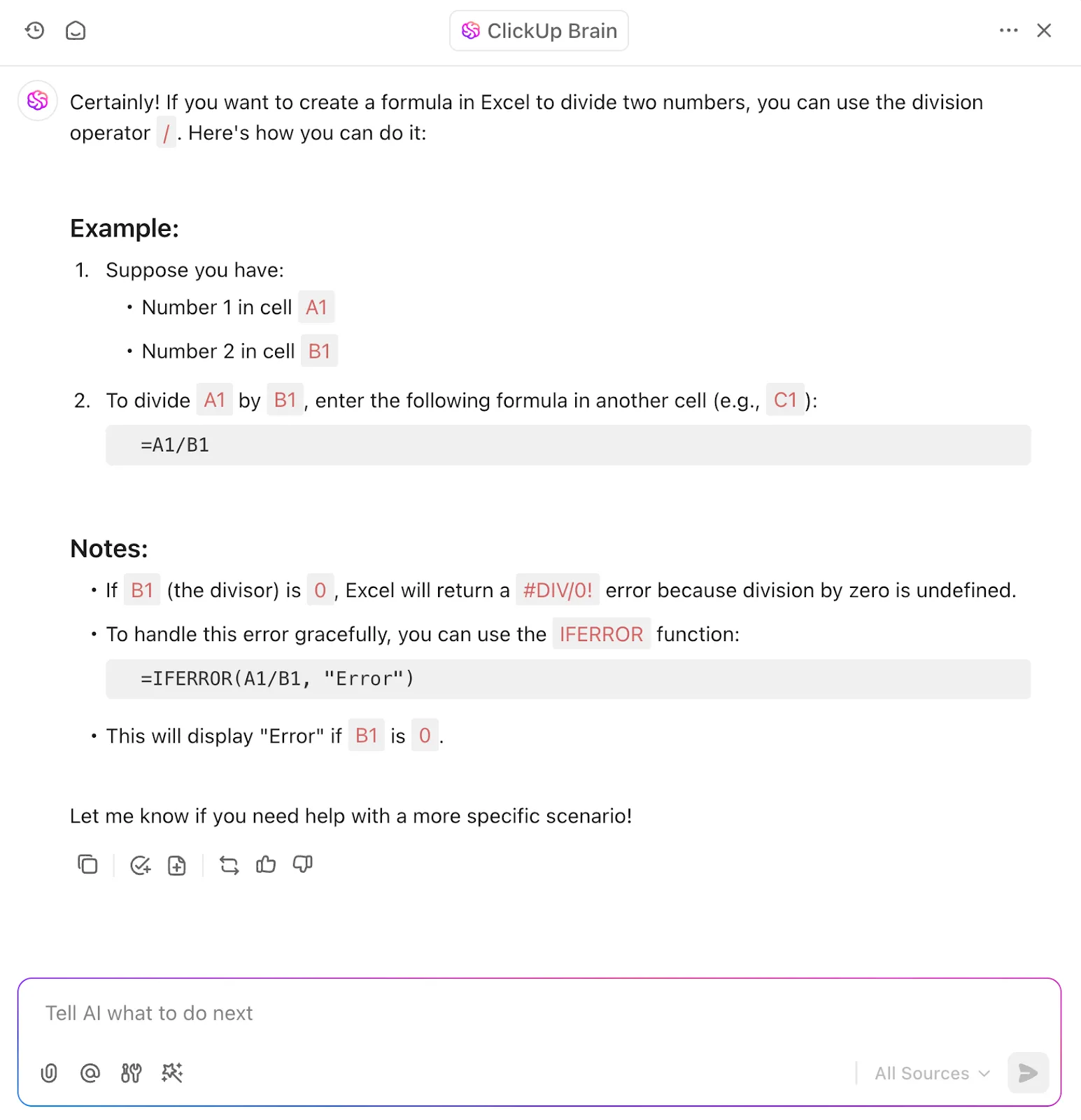 ClickUp Brain: ai excel formules