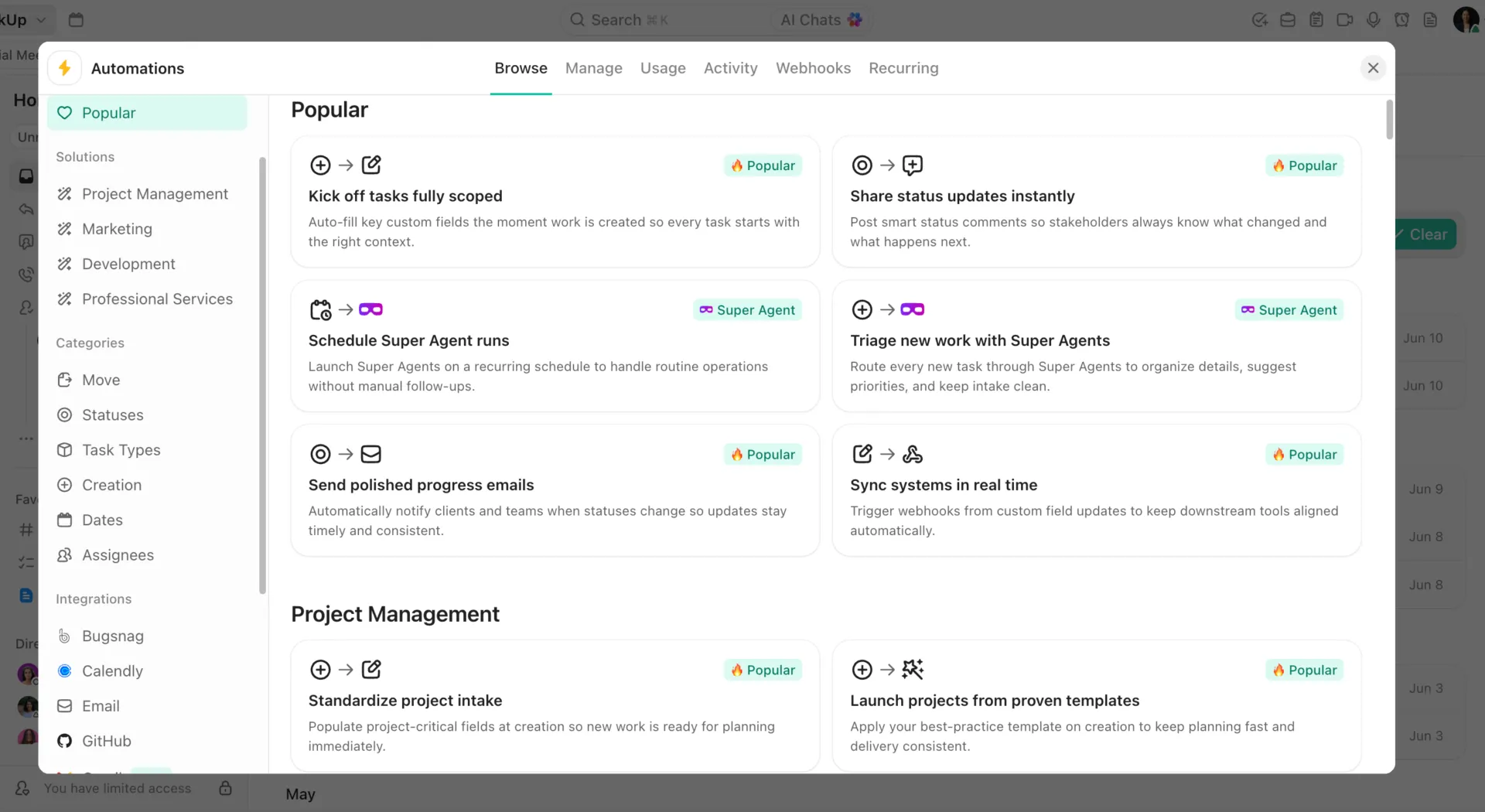 Automatizza i flussi di lavoro complessi con ClickUp Automations e il generatore di automazioni basato sull'IA