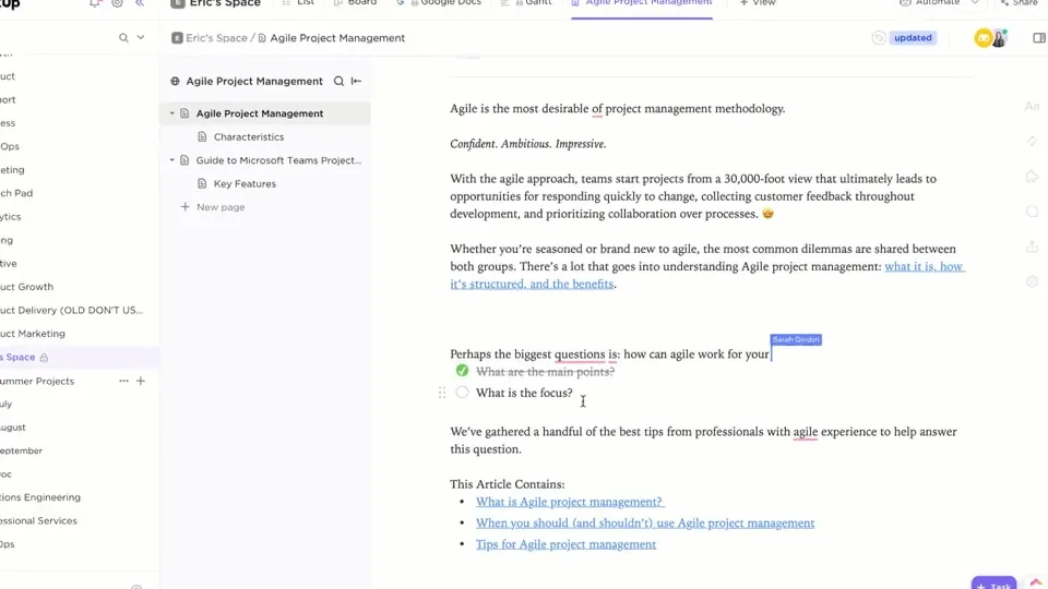 Arbeiten Sie gemeinsam an Dokumenten und führen Sie die Bearbeitung mit ClickUp Docs durch.
