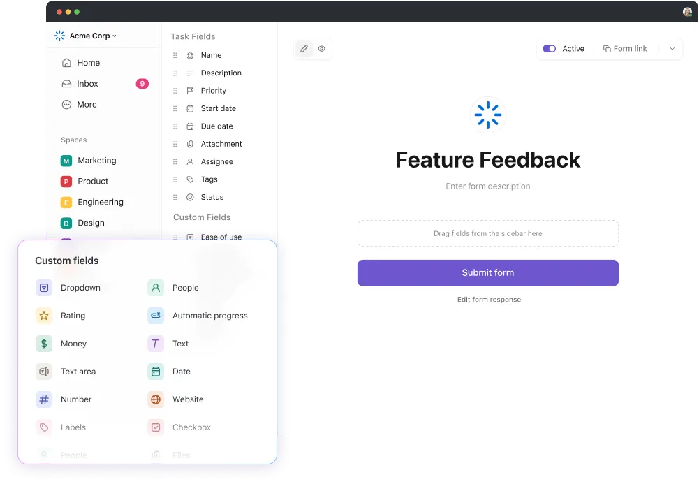 Използвайте Form View на ClickUp, за да събирате обратна връзка от клиенти и отговори на анкети.