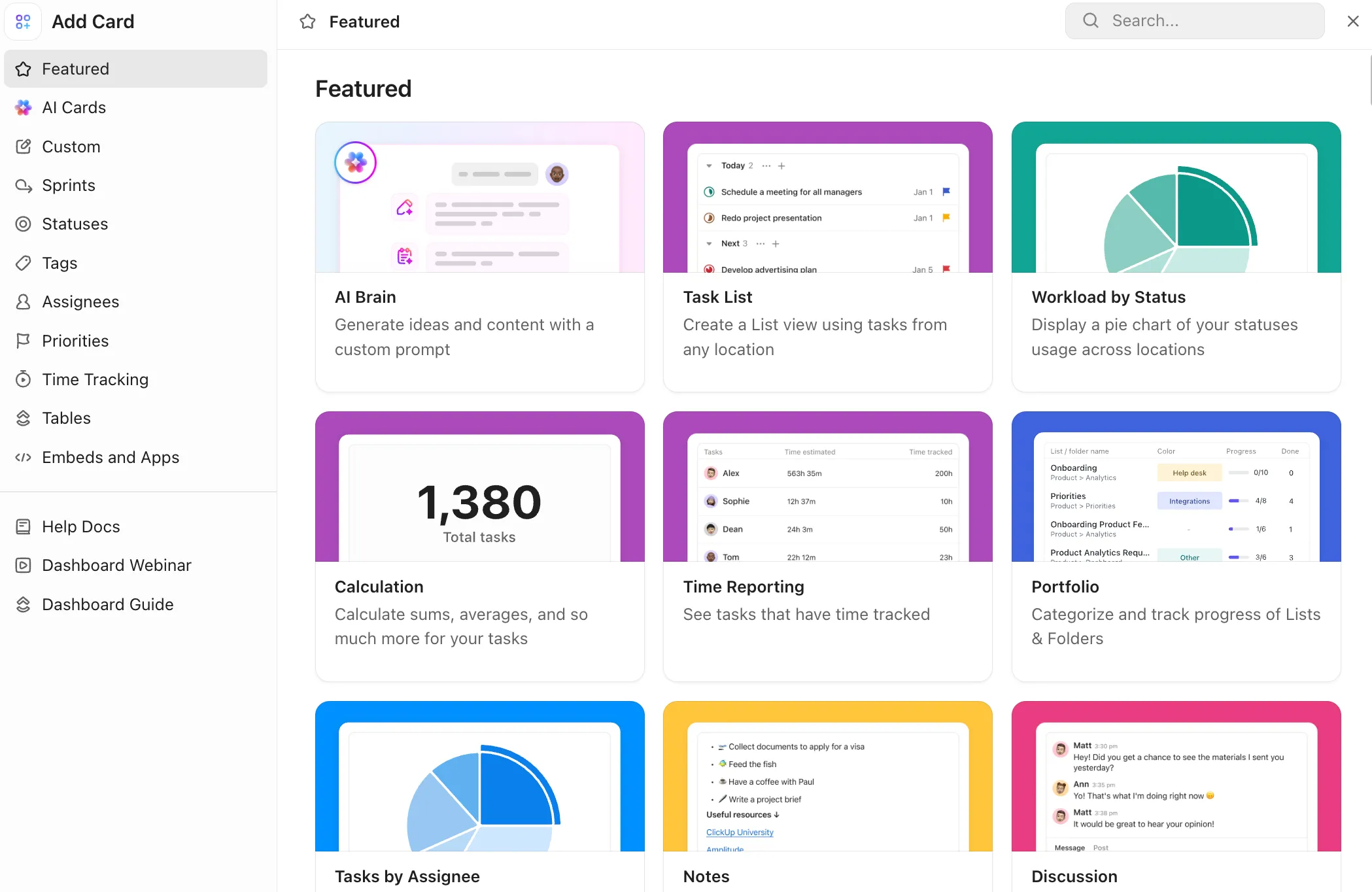 Get a categorical view of AI performance metrics with ClickUp Dashboards