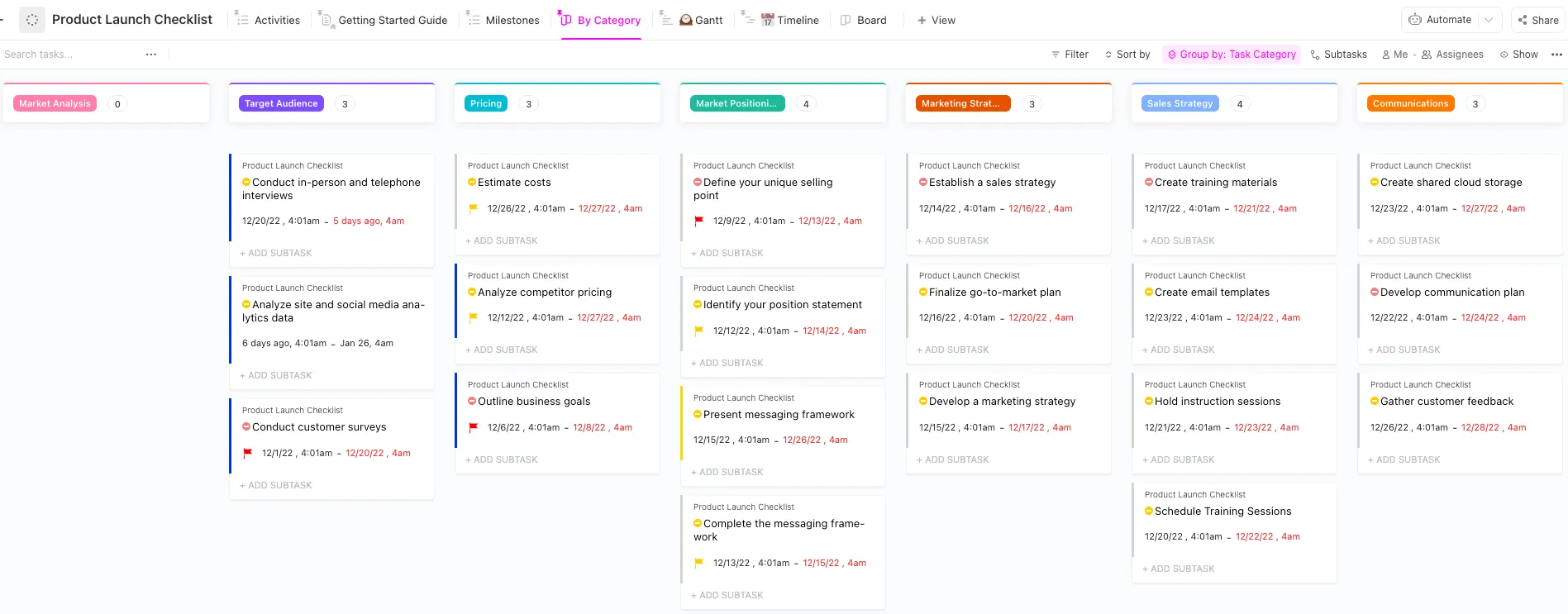 Modello di categorie di lancio di prodotti ClickUp