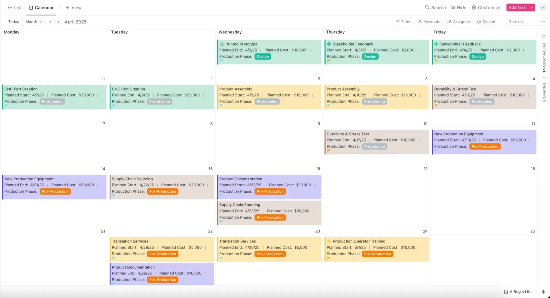 Plantilla de calendario de producción de ClickUp