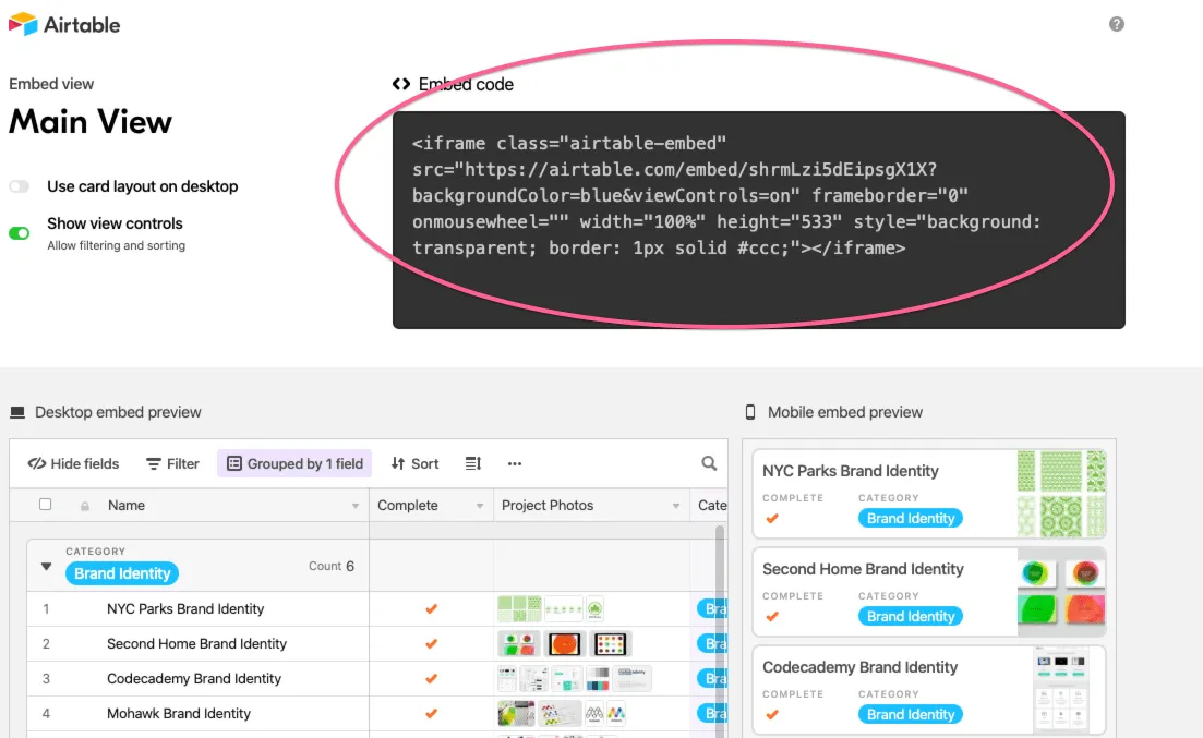 Betten Sie Airtable in ClickUp ein, indem Sie einen Link zur Rasteransicht freigeben, den Einbettungscode kopieren und ihn in die Einbettungsansicht von ClickUp einfügen.